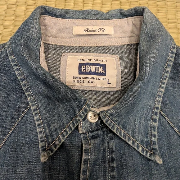 Edwin Pearl Snap Button Western Shirt Blue Relaxed Fit Men's Size Large - Picture 3 of 8